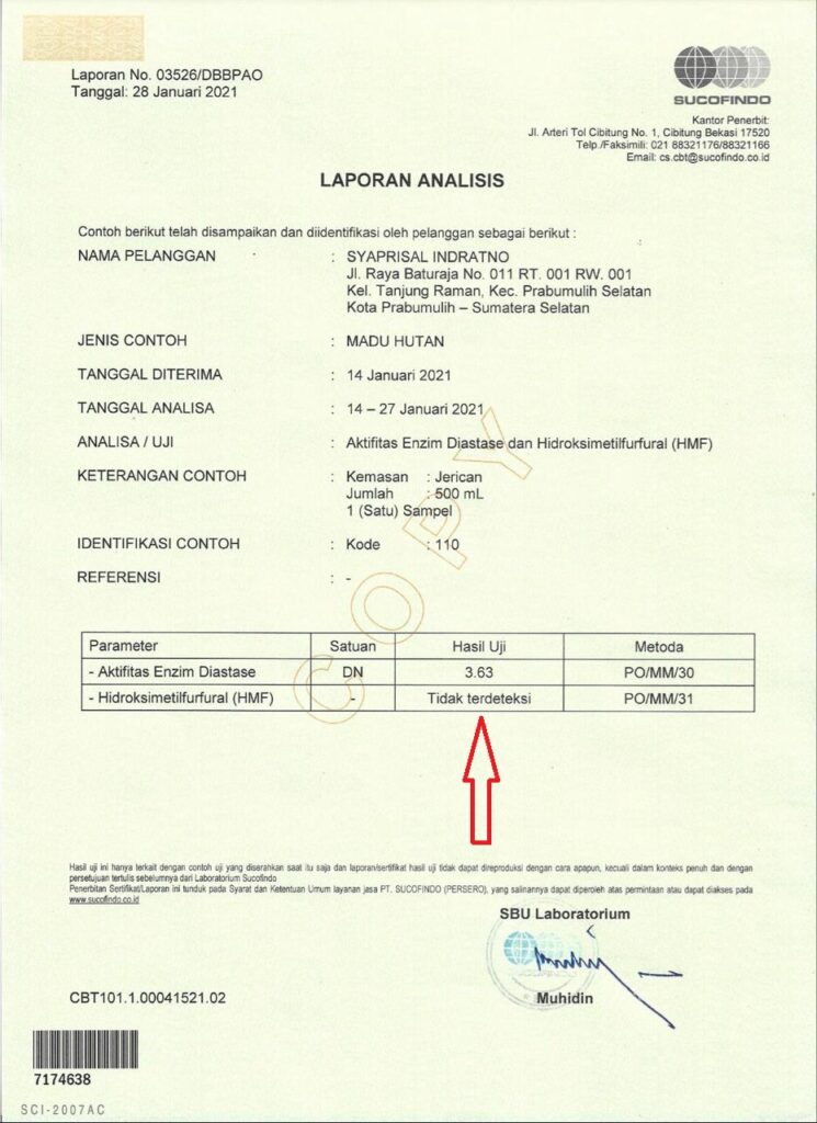 Hasil Uji Lab Ghassan2203 Madu Asli Murni Lebah Hutan Liar
